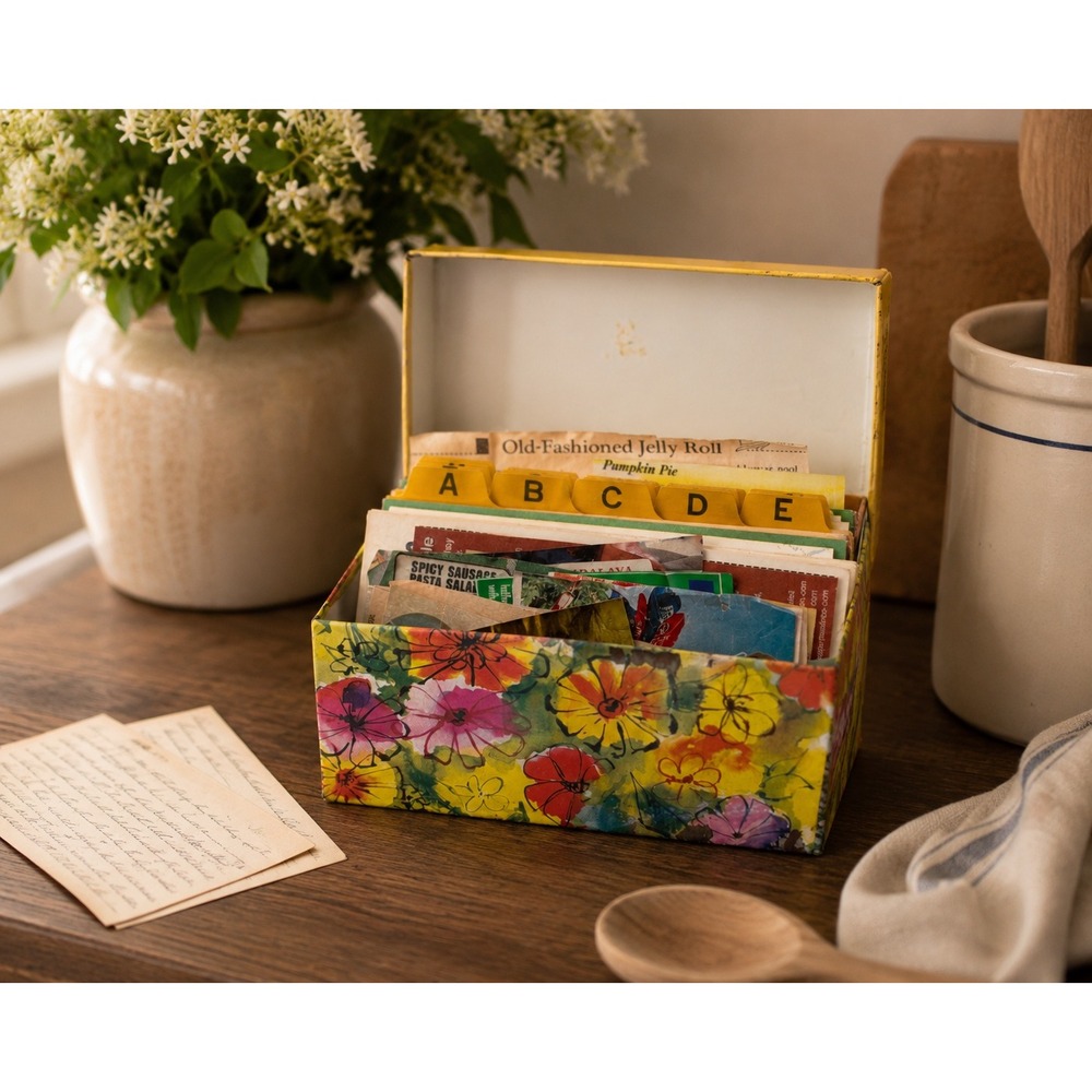 Vtg Ohio Art Co Floral Metal Recipe Box Yellow Tin Handwritten Recipes